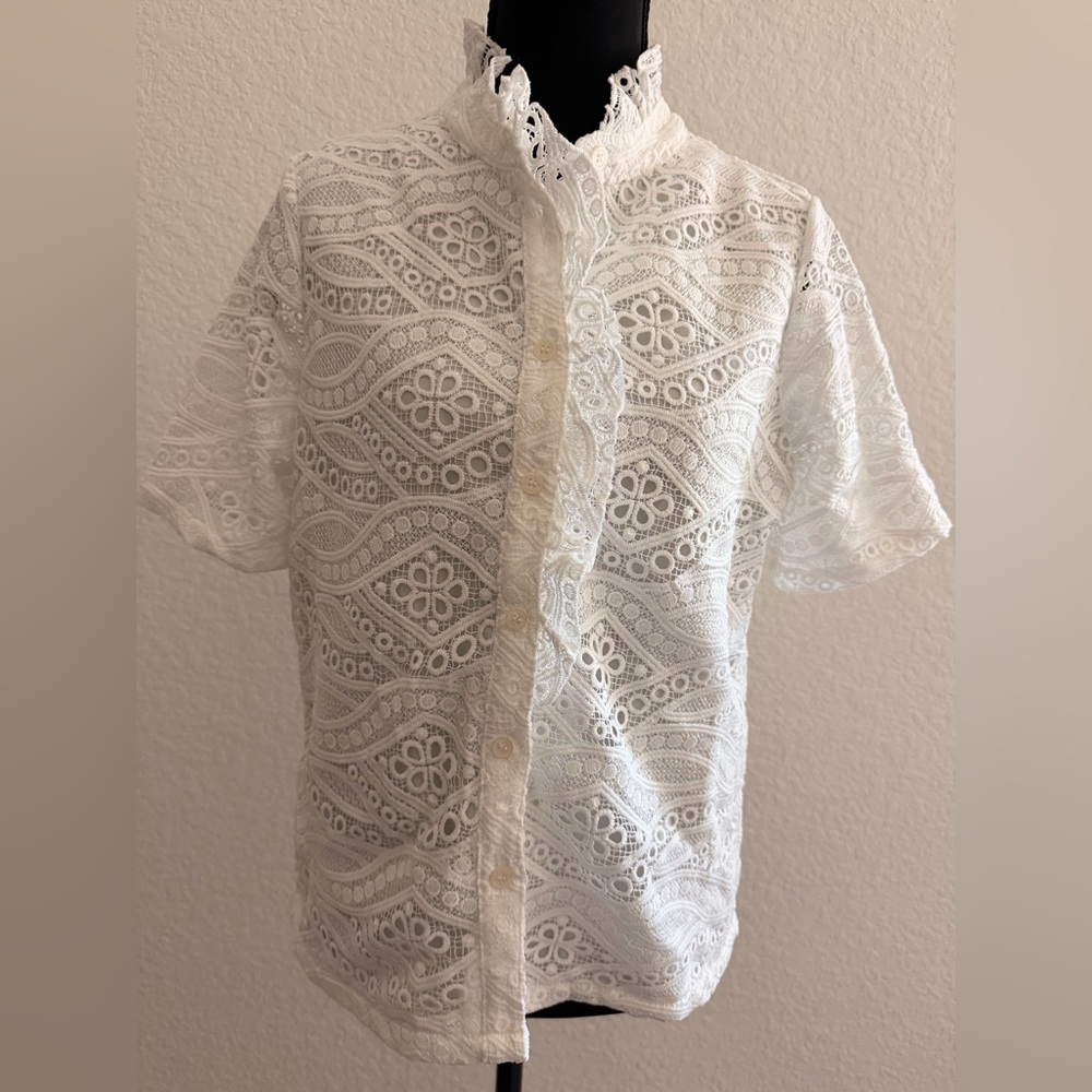 White Lace Button-Up Blouse | Short Sleeve Sheer Feminine Top